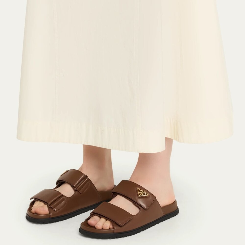 PRADA Triangle Logo Double Band Leather Flat Slide Dad Sandals Shoes Cacao - Picture 2 of 16